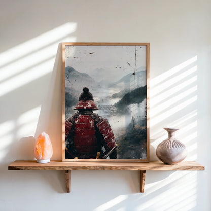 Samurai Warrior Mountain Japandi Crimson Armor in room