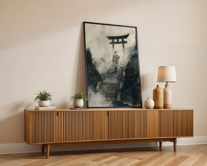 Japanese Temple Stairs Torii Gate Mist Canvas Wall Art — Minimalist canvas featuring robed figure climbing sacred pathway for contemporary home styling