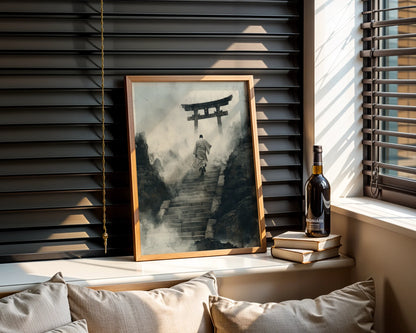 Japanese Temple Stairs Torii Gate Mist Canvas Wall Art — Serene spiritual artwork showcasing mystical gateway emerging from clouds for modern interior design
