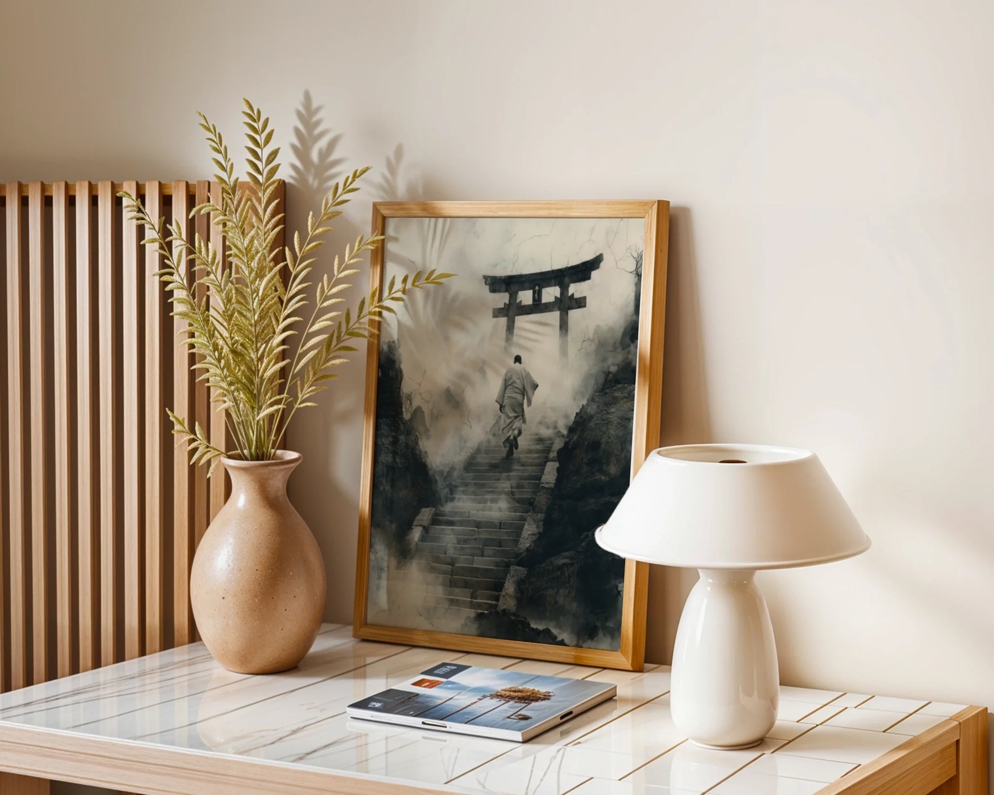 Japanese Temple Stairs Torii Gate Mist Canvas Wall Art — Rustic spiritual print showing contemplative journey through morning haze for organic home styling