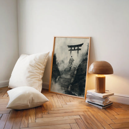 Japanese Temple Stairs Torii Gate Mist Canvas Wall Art — Eastern-inspired canvas depicting sacred pilgrimage scene in soft tones for tranquil living spaces