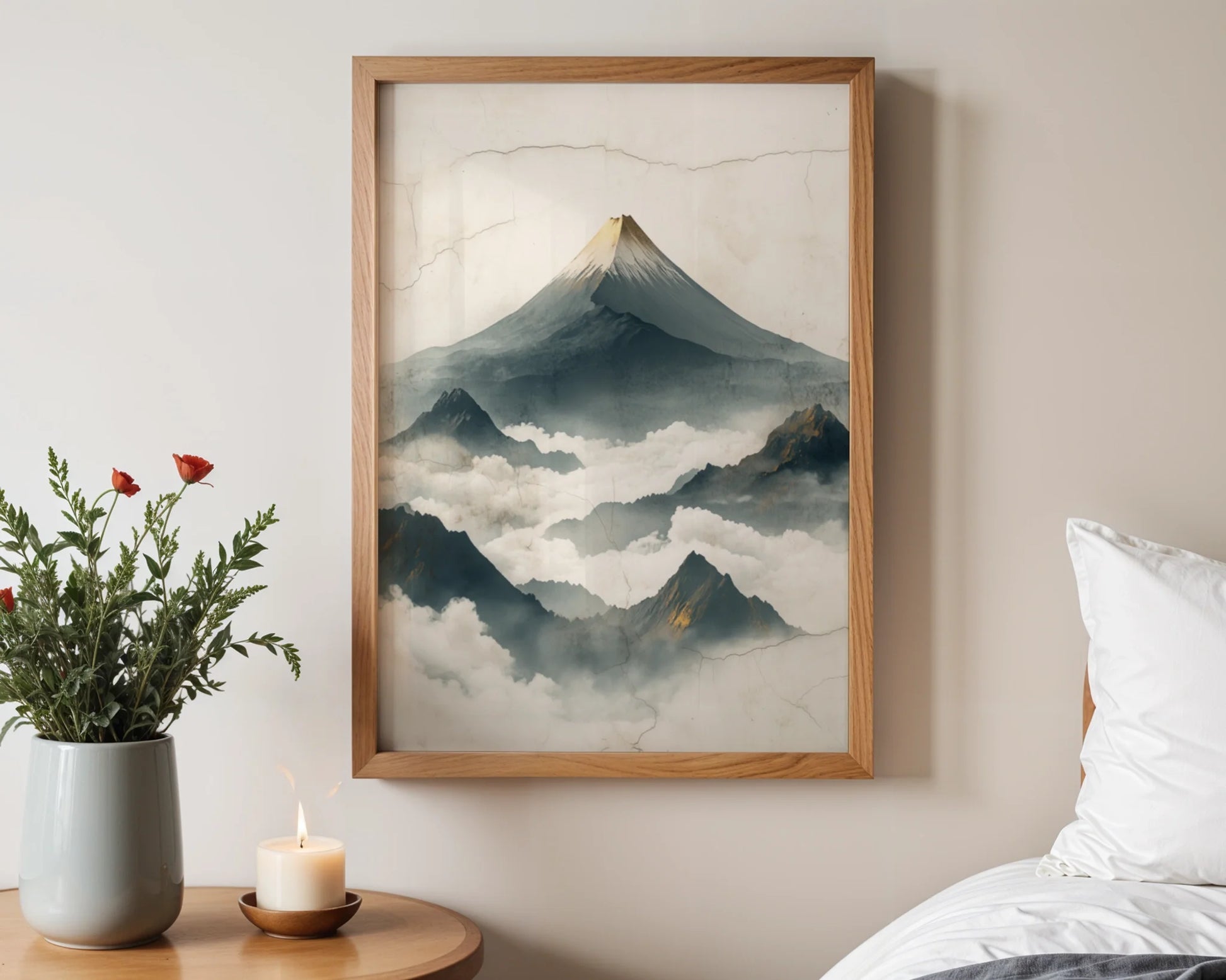 Mountain Mist Japandi Volcanic Peak Canvas Wall Art — Minimalist home decor featuring ethereal summit emerging through swirling clouds in serene Japandi aesthetic