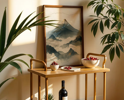 Mountain Mist Japandi Volcanic Peak Canvas Wall Art — Contemporary living space showcasing towering geological formation wrapped in golden atmosphere wall art