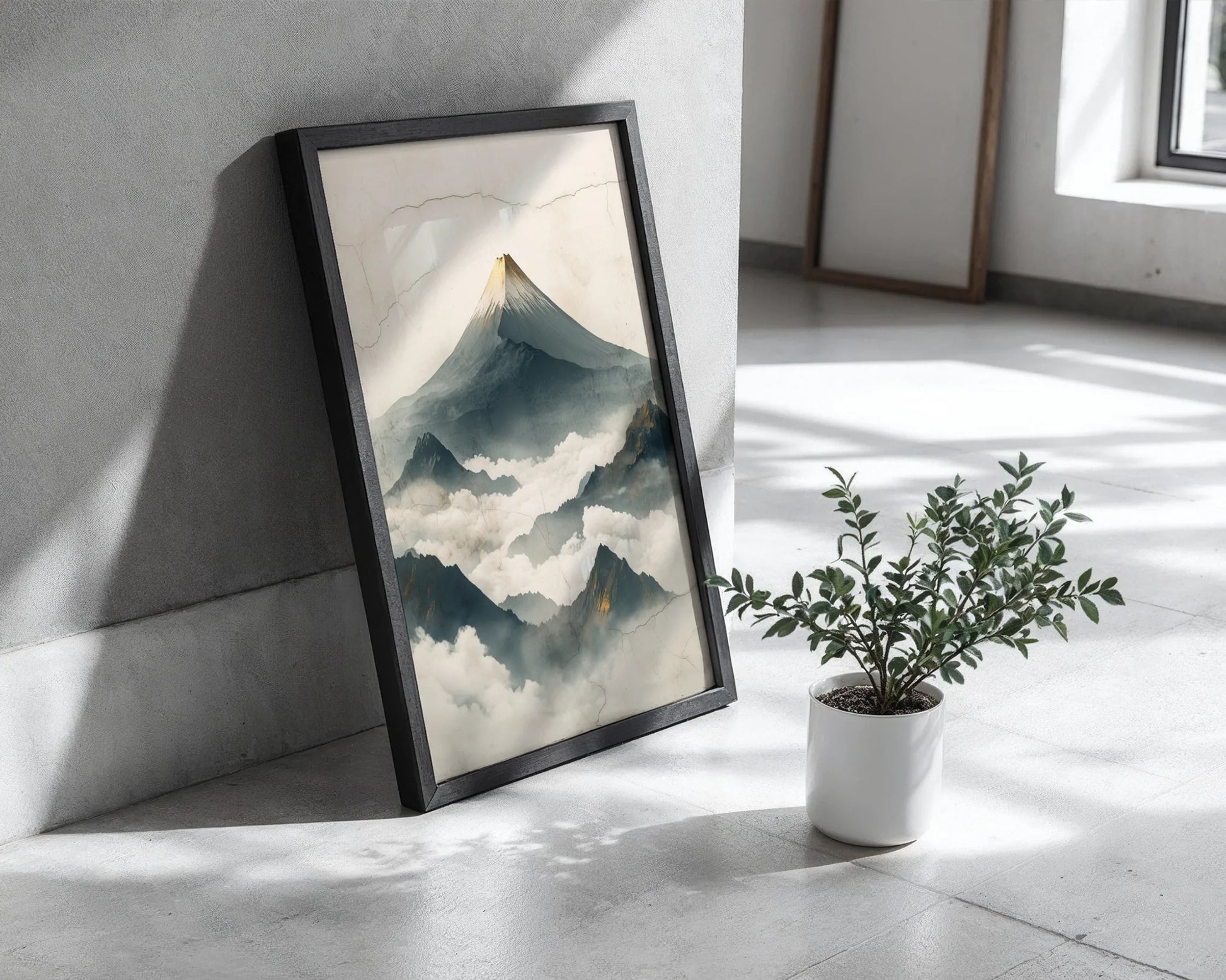 Mountain Mist Japandi Volcanic Peak Canvas Wall Art — Organic interior design with time-worn ridge silhouette dissolving into soft celestial haze canvas print