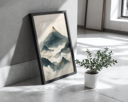 Mountain Mist Japandi Volcanic Peak Canvas Wall Art — Organic interior design with time-worn ridge silhouette dissolving into soft celestial haze canvas print