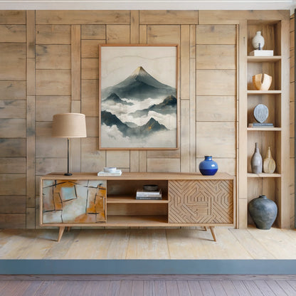 Mountain Mist Japandi Volcanic Peak Canvas Wall Art — Oriental home styling with majestic crest breaking through luminous fog in minimalist color palette