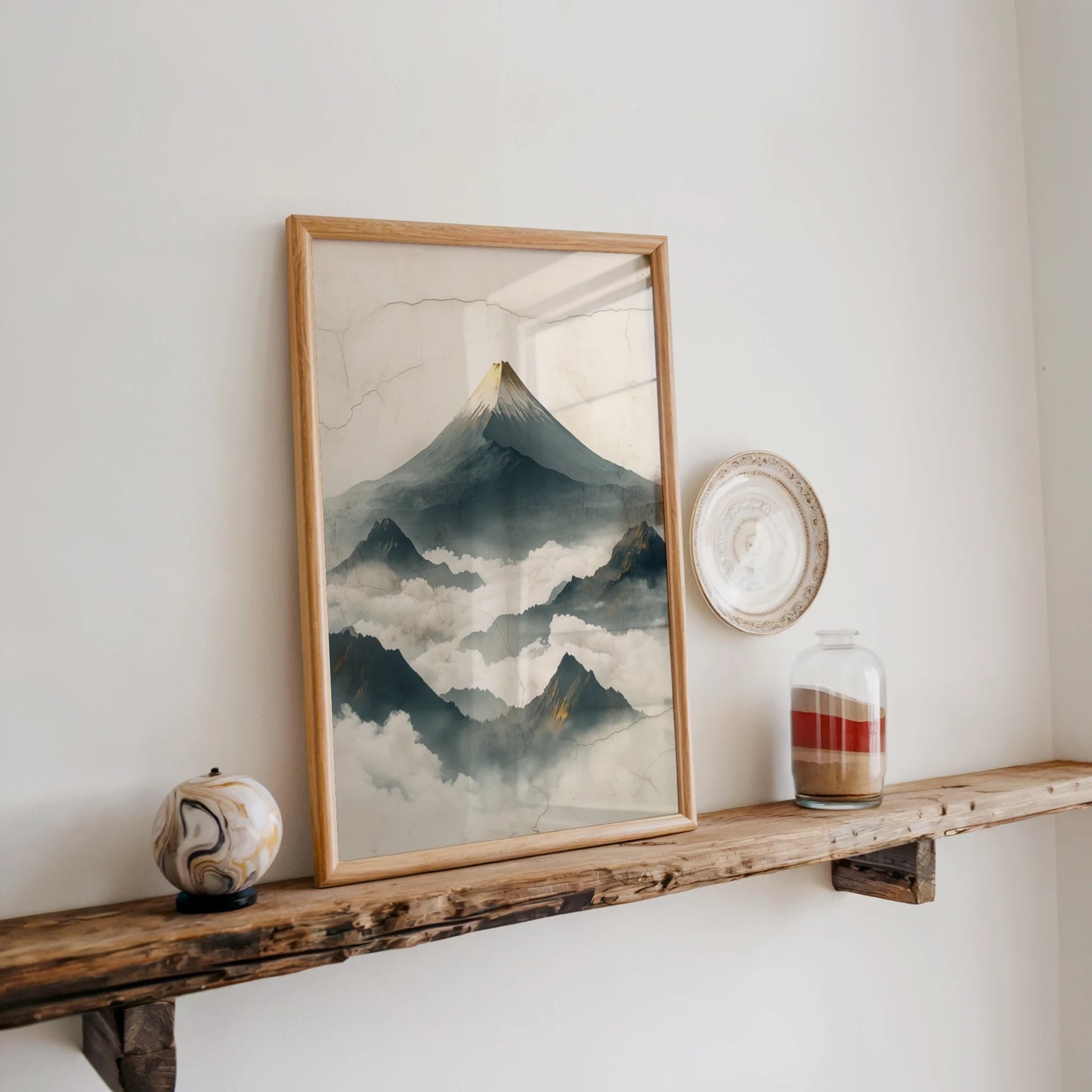 Mountain Mist Japandi Volcanic Peak Canvas Wall Art — Dusty green and ivory tones blend seamlessly in textured artwork mimicking ancient stone surfaces