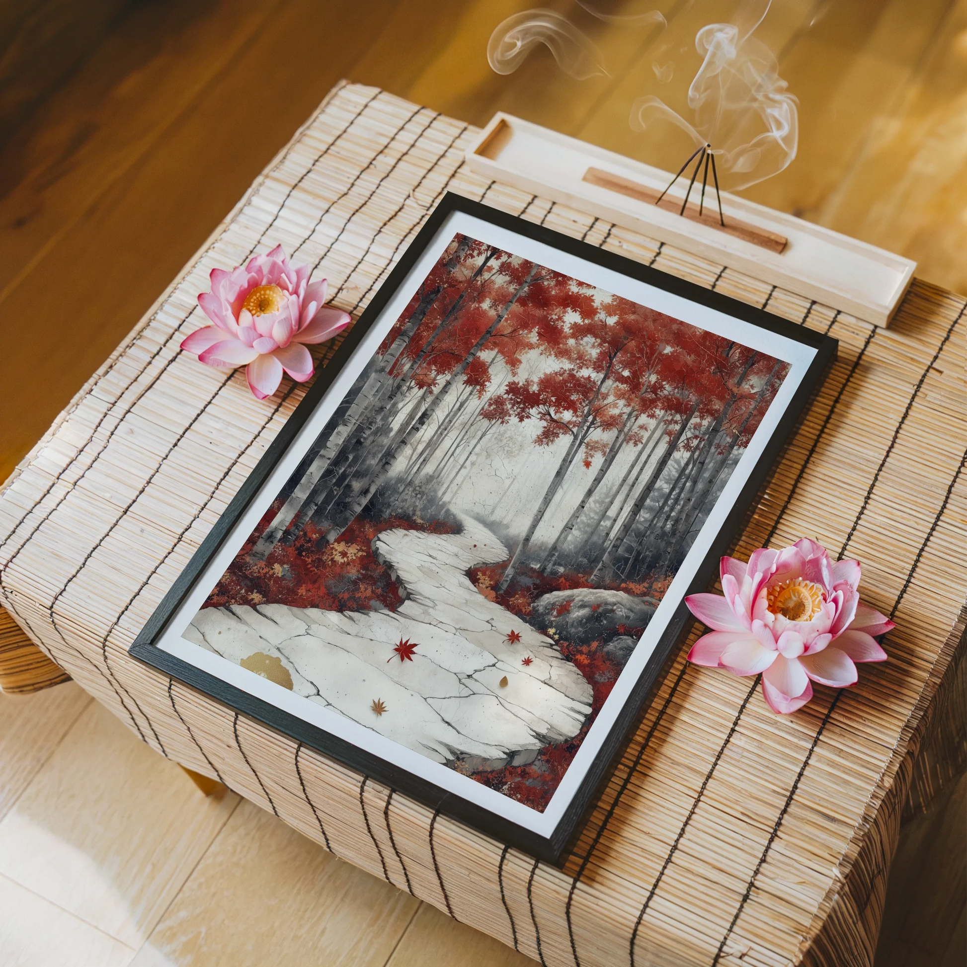 Autumn Forest Path Stone Walkway Japandi Canvas Wall Art — Scandinavian nature artwork depicting rustic cobblestone route between pale bark trees decor piece