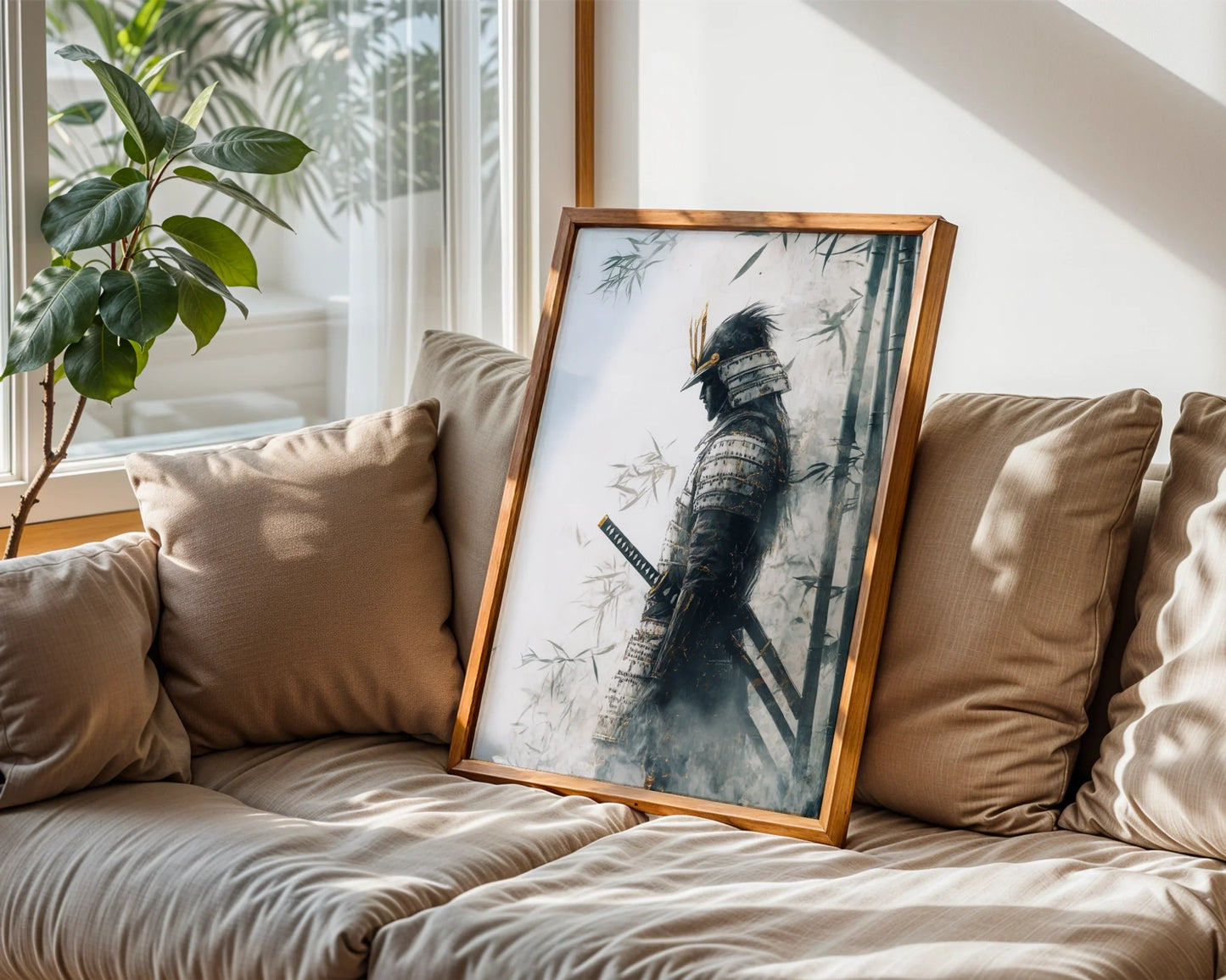 Samurai Warrior Art Dissolving Mist Japandi Canvas Wall Art — Minimalist Japandi style canvas showing ghostly samurai figure fading into misty bamboo forest