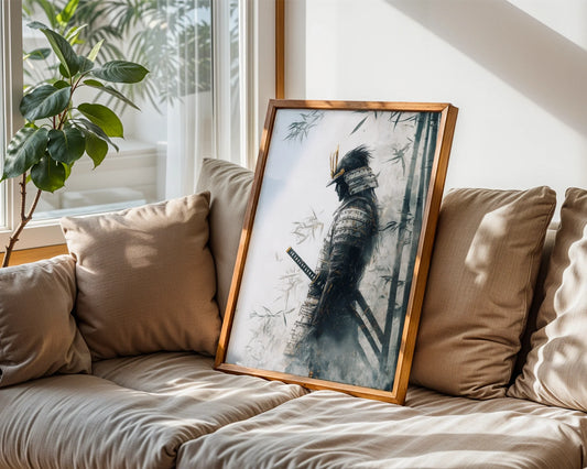 Samurai Warrior Art Dissolving Mist Japandi Canvas Wall Art — Minimalist Japandi style canvas showing ghostly samurai figure fading into misty bamboo forest