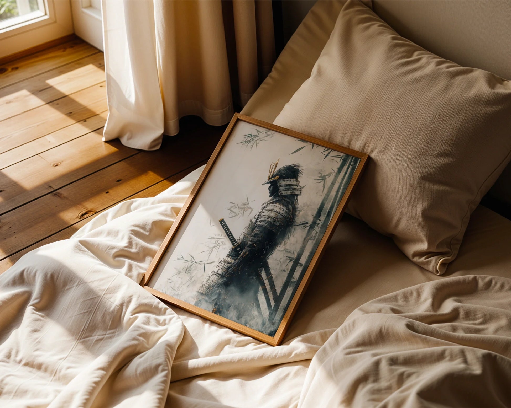 Samurai Warrior Art Dissolving Mist Japandi Canvas Wall Art — Japanese ink wash style artwork featuring fading warrior silhouette among drifting bamboo shadows