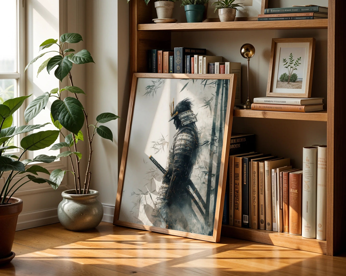 Samurai Warrior Art Dissolving Mist Japandi Canvas Wall Art — Clean zen aesthetic canvas displaying vanishing samurai form dissolving into ethereal mist