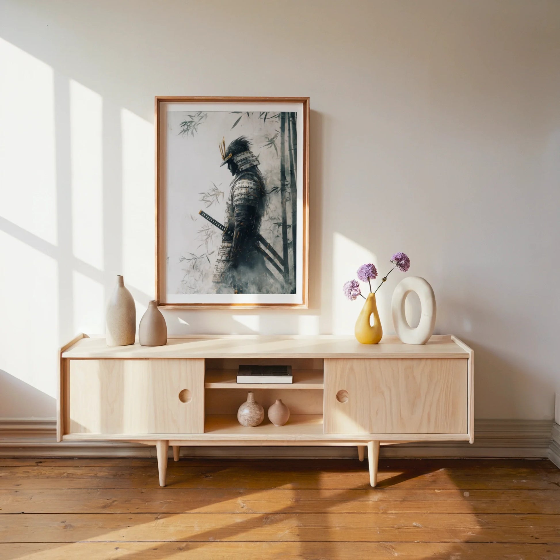 Samurai Warrior Art Dissolving Mist Japandi Canvas Wall Art — Charcoal gray and weathered silver tones create moody samurai canvas with amber highlights
