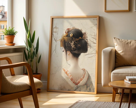Japanese Geisha Art Golden Kanzashi Canvas Wall Art Print — Minimalist canvas showcasing ethereal female figure fading into textured background for contemporary spaces