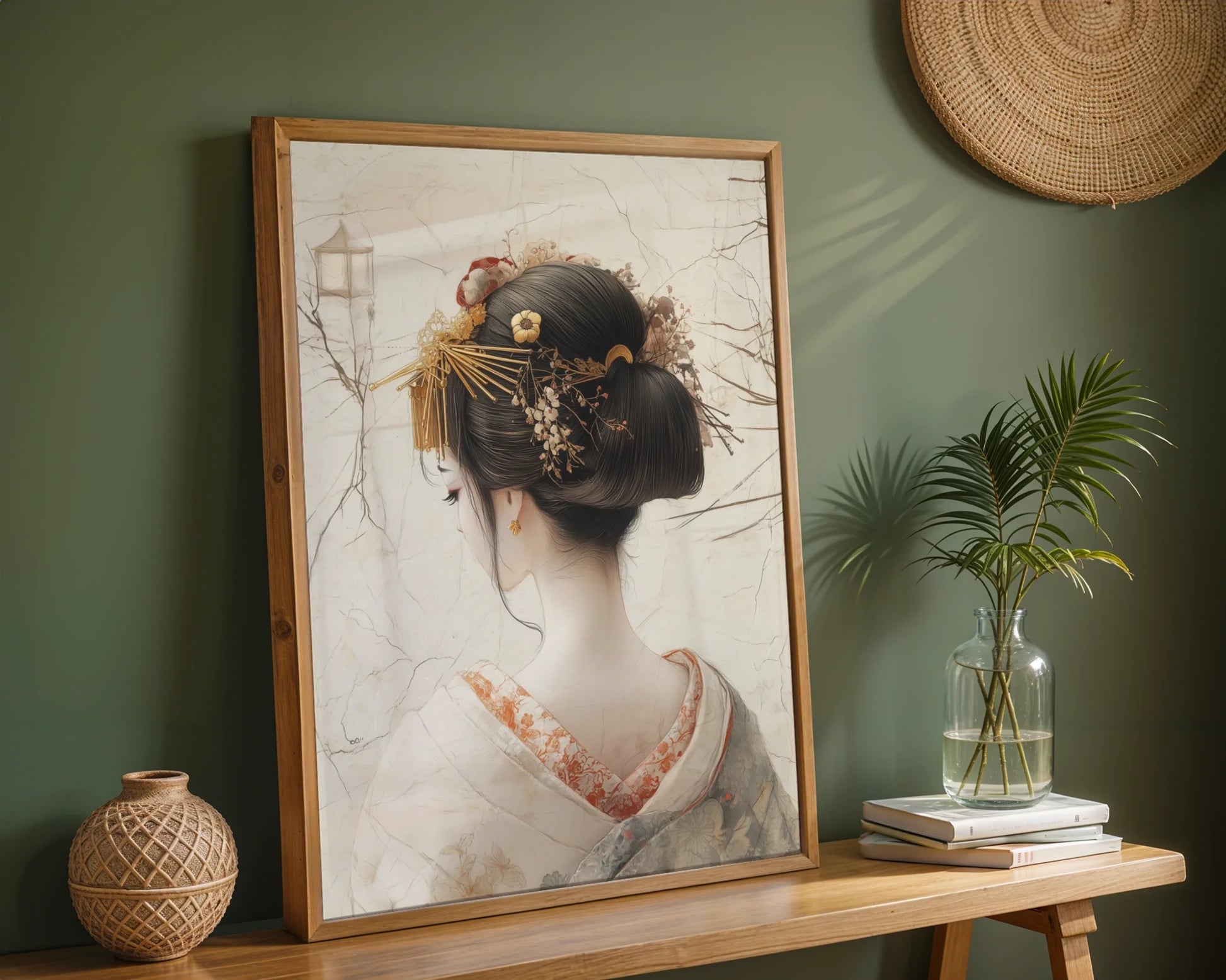 Japanese Geisha Art Golden Kanzashi Canvas Wall Art Print — Traditional eastern portrait with delicate floral elements dissolving into aged paper aesthetic