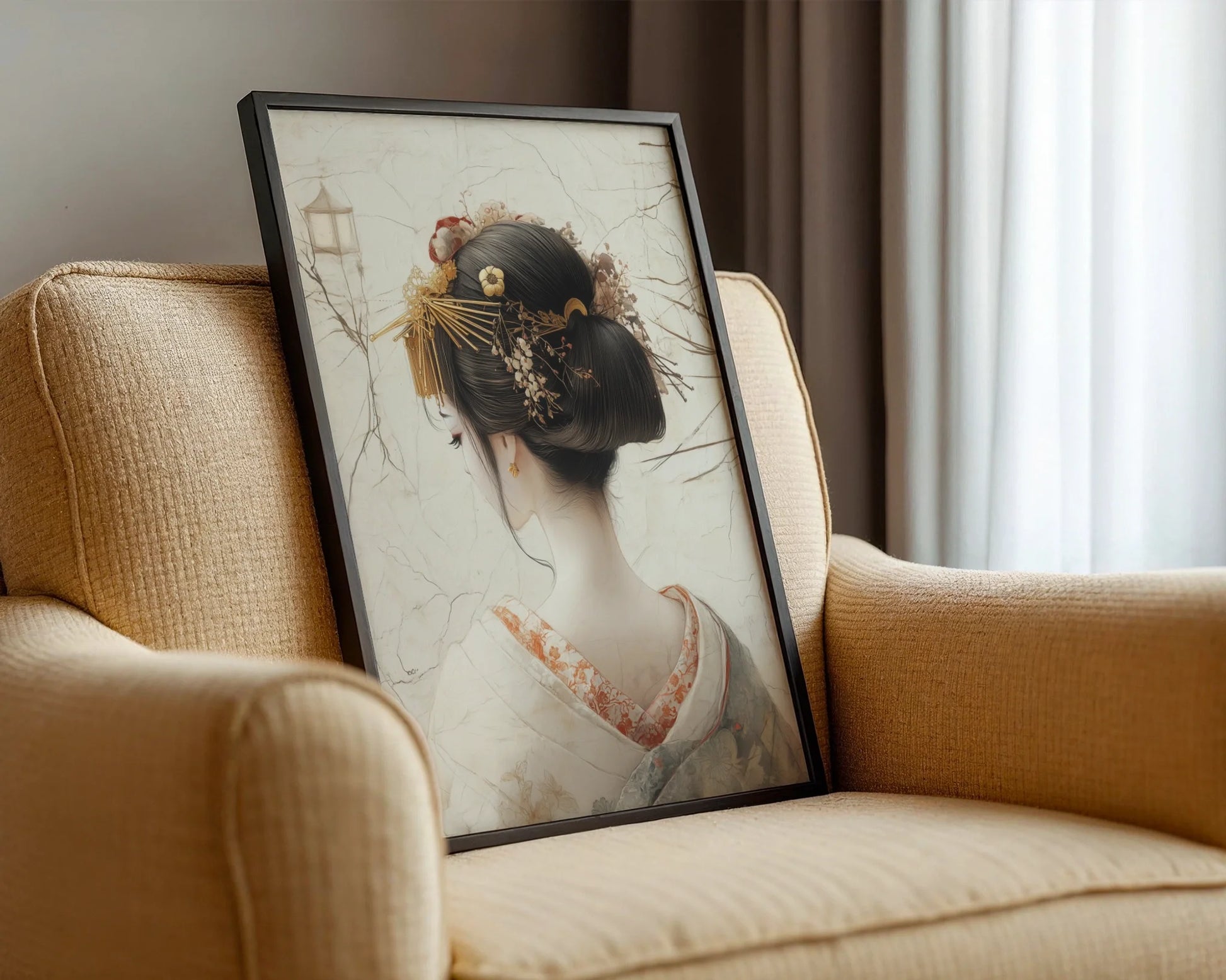 Japanese Geisha Art Golden Kanzashi Canvas Wall Art Print — Serene cultural artwork featuring graceful silhouette merging with weathered manuscript styling