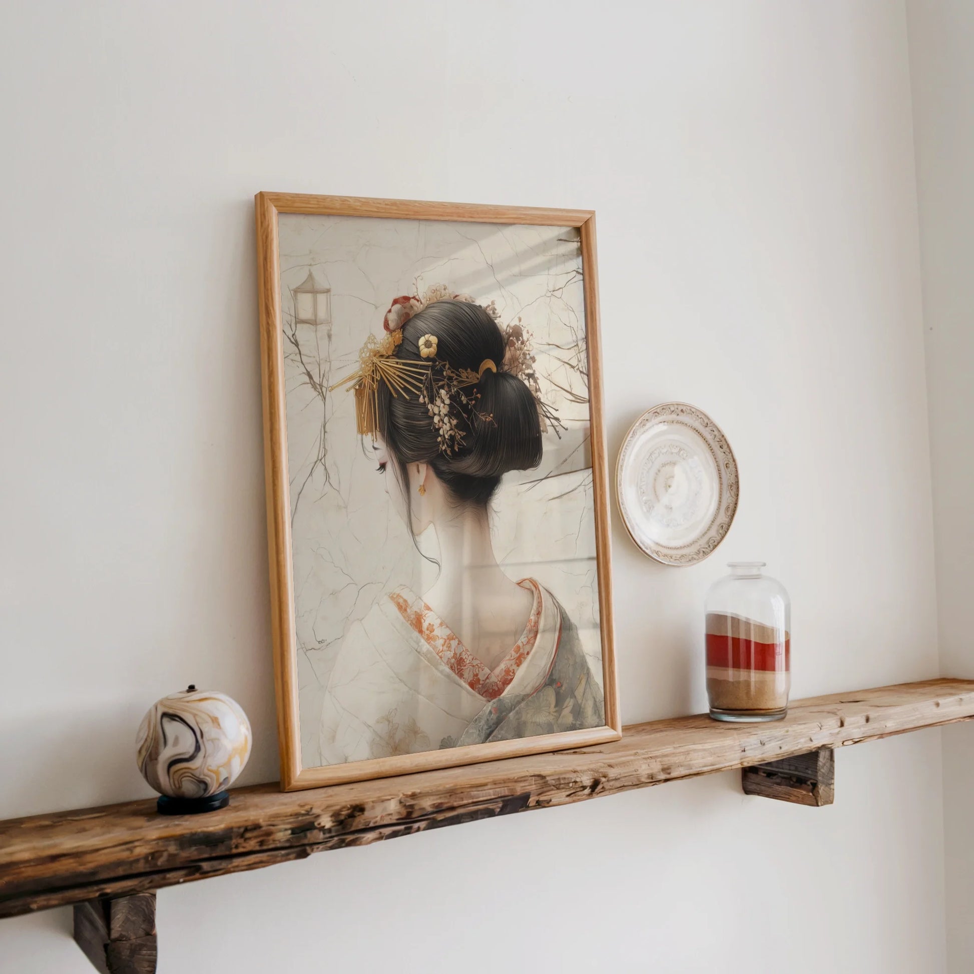 Japanese Geisha Art Golden Kanzashi Canvas Wall Art Print — Botanical-infused portrait showing elegant figure transitioning into vintage parchment for peaceful interiors