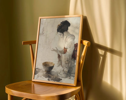 Japanese Tea Ceremony Kneeling Woman Japandi Canvas Wall Art — Modern Japandi canvas showcasing serene figure in traditional dress performing sacred ritual for contemporary interiors