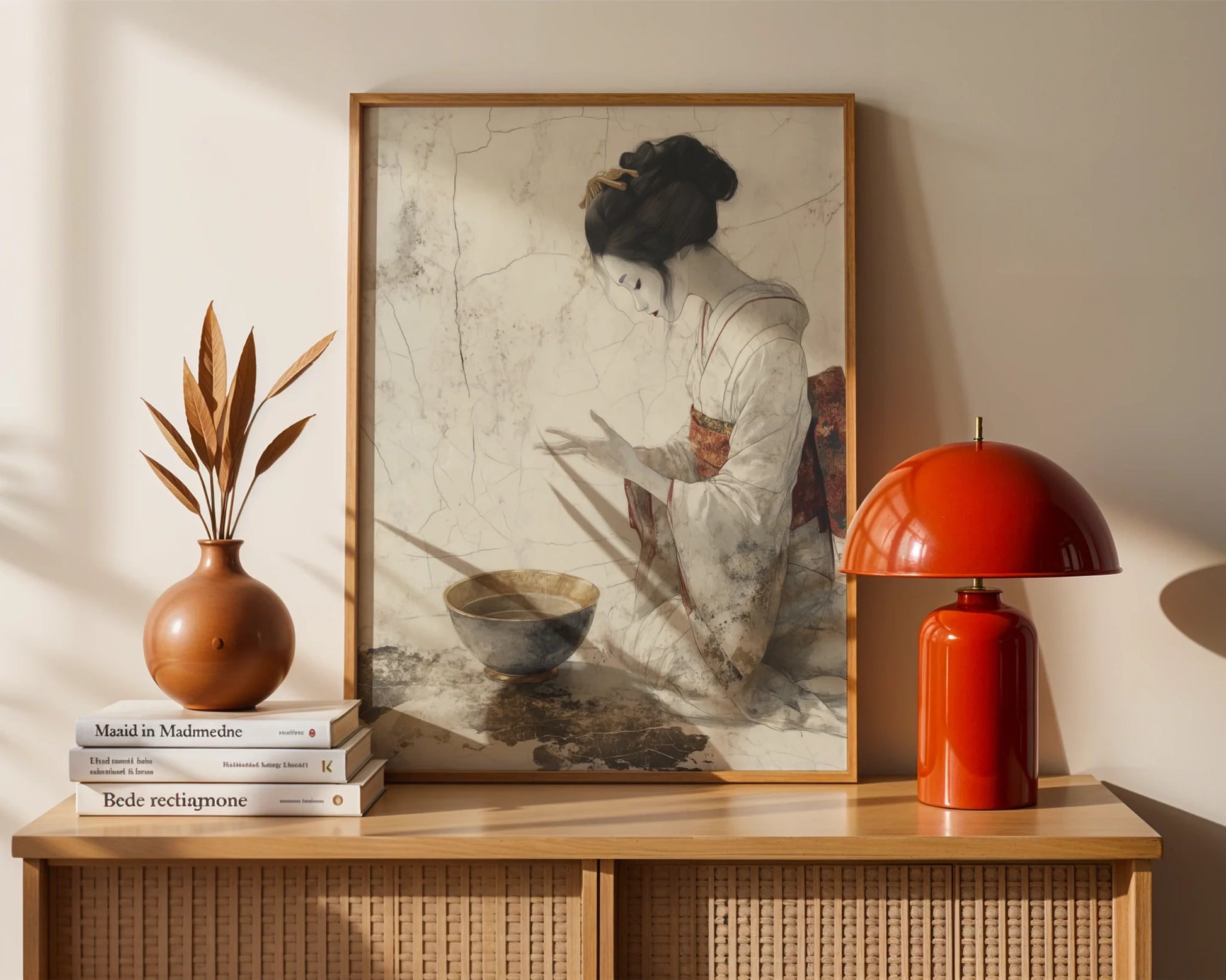 Japanese Tea Ceremony Kneeling Woman Japandi Canvas Wall Art — Contemporary Japanese canvas showing meditative figure in traditional garment for mindful interior design