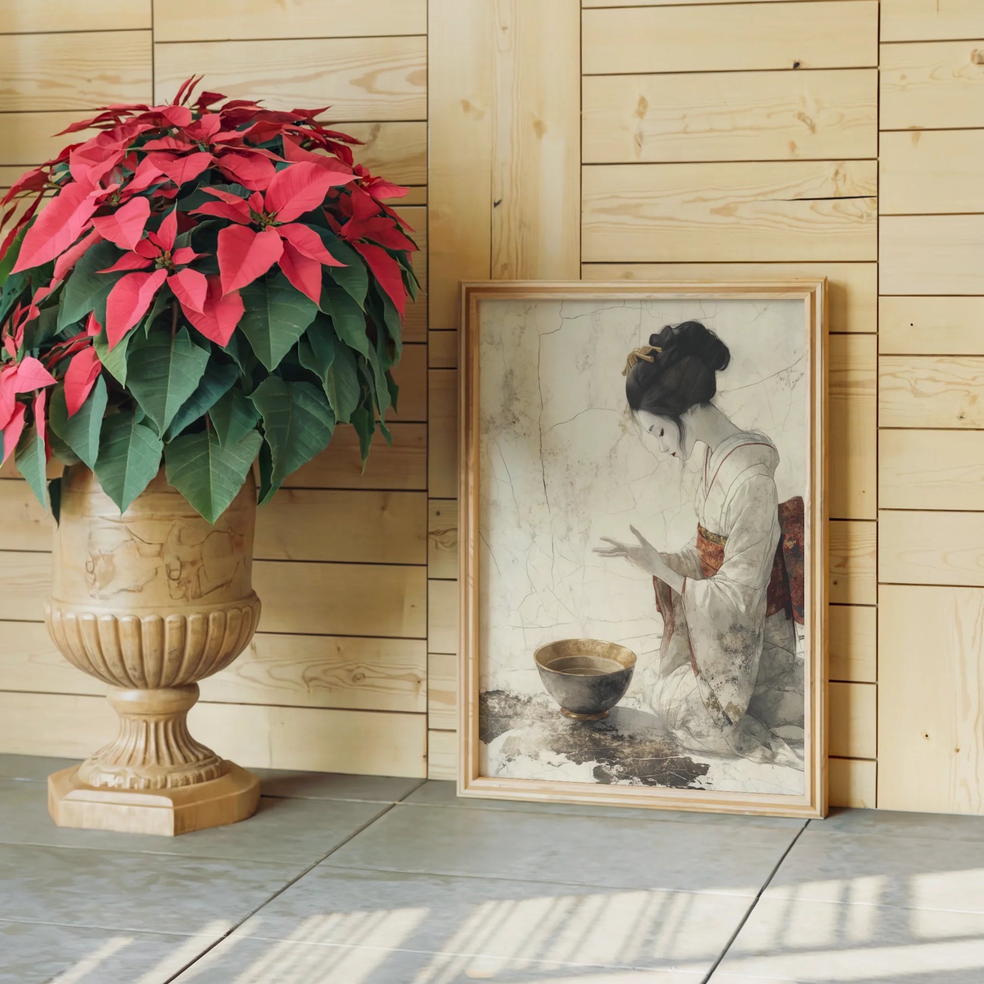 Japanese Tea Ceremony Kneeling Woman Japandi Canvas Wall Art — Sophisticated Japandi artwork depicting quiet ceremony moment with pottery vessel for refined home styling