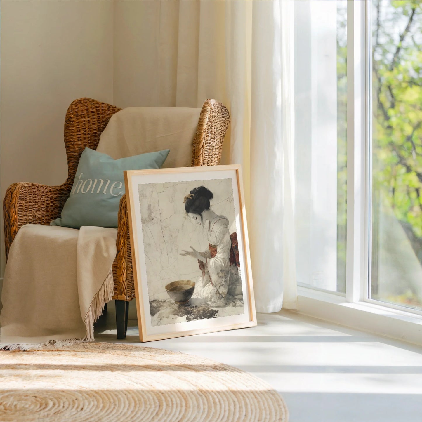 Japanese Tea Ceremony Kneeling Woman Japandi Canvas Wall Art — Soft oyster and storm gray tones create textured temple-like surface on this contemplative canvas print
