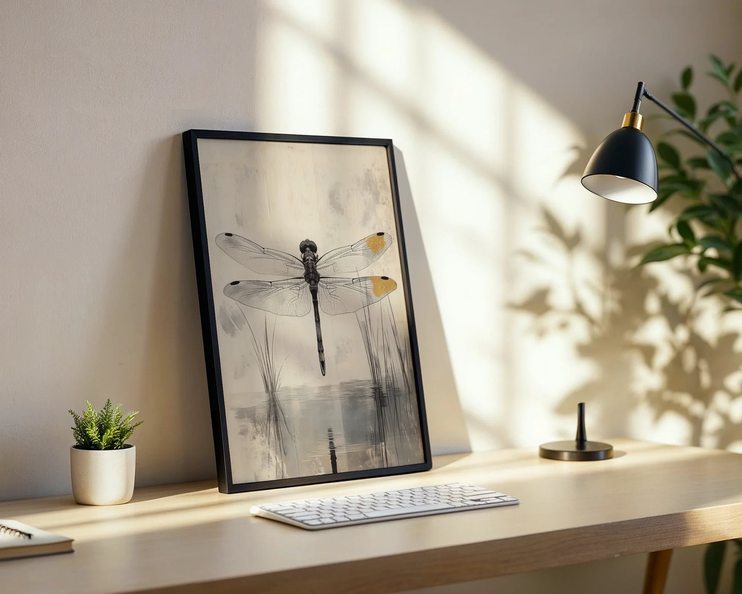 Dragonfly Botanical Art Japandi Gold Wing Canvas Wall Art — Serene marsh landscape featuring organic forms and neutral tones perfect for contemporary interiors