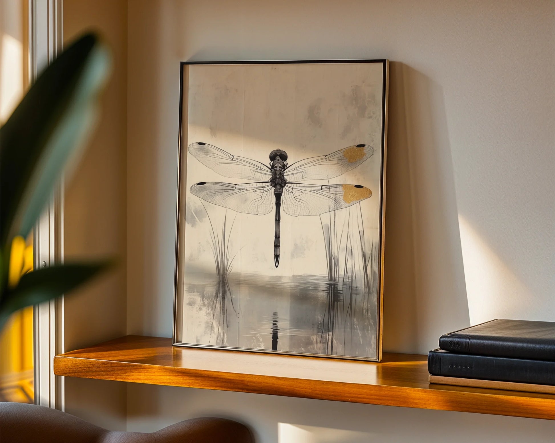 Dragonfly Botanical Art Japandi Gold Wing Canvas Wall Art — Understated wildlife imagery embracing simplicity and natural beauty in calming earth tones