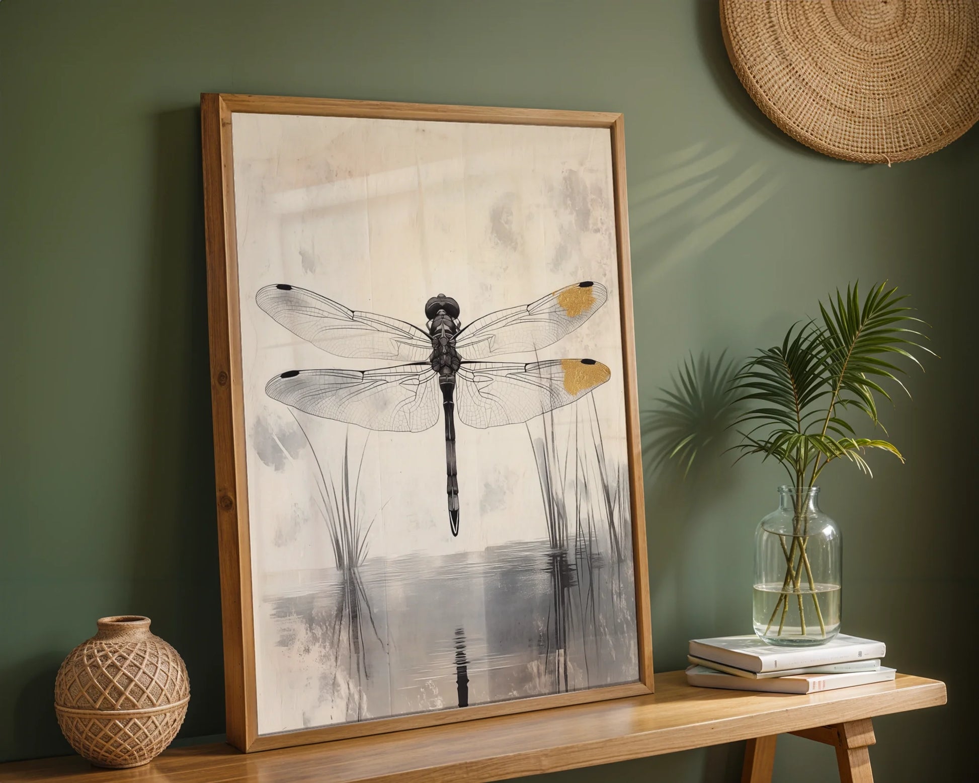 Dragonfly Botanical Art Japandi Gold Wing Canvas Wall Art — Traditional oriental aesthetic meets wetland scenery in this timeless wall decoration piece