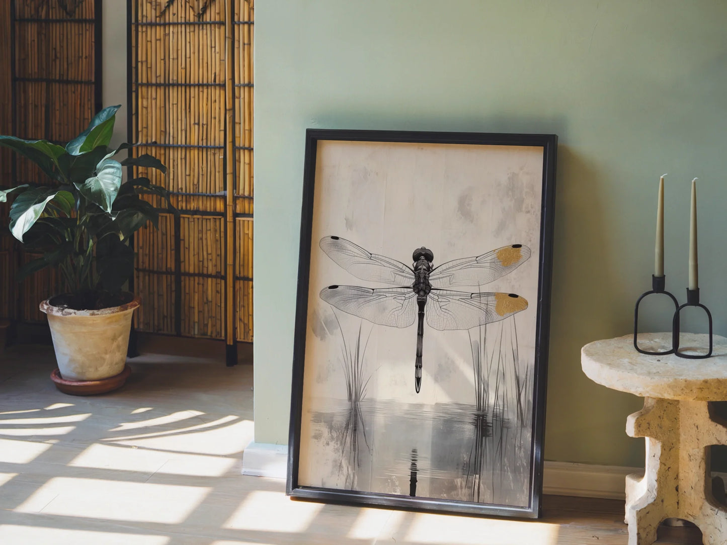 Dragonfly Botanical Art Japandi Gold Wing Canvas Wall Art — Clean-lined nature study displaying authentic Japanese influence for sophisticated home styling
