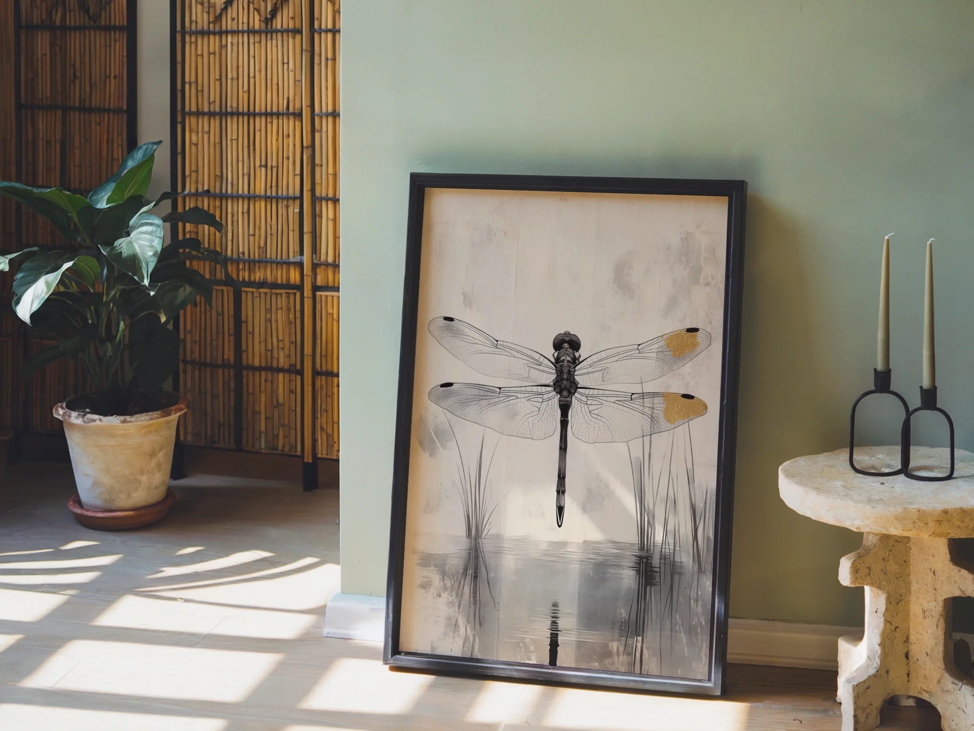 Dragonfly Botanical Art Japandi Gold Wing in room