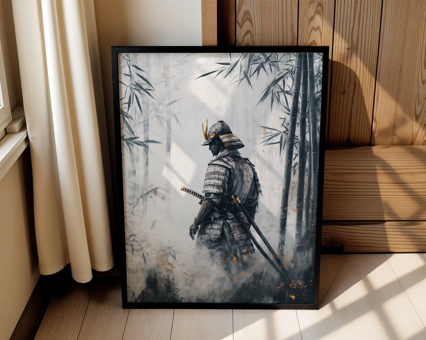 Samurai Warrior Bamboo Forest Japandi Mist Canvas Wall Art — Serene contemporary canvas displaying lone warrior silhouette through bamboo stalks for modern home decor
