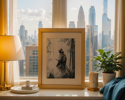 Samurai Warrior Bamboo Forest Japandi Mist Canvas Wall Art — Minimalist interior featuring oriental fighter portrait amid towering grass stems in neutral living space