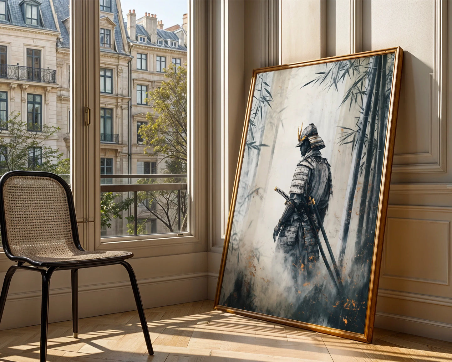Samurai Warrior Bamboo Forest Japandi Mist Canvas Wall Art — Tranquil bedroom showcasing atmospheric bamboo scene with shadowy blade master for calming home aesthetics