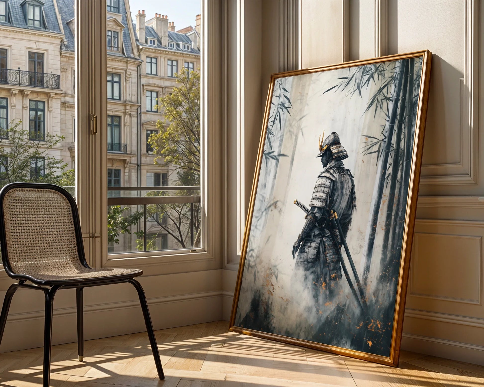 Samurai Warrior Bamboo Forest Japandi Mist Canvas Wall Art — Tranquil bedroom showcasing atmospheric bamboo scene with shadowy blade master for calming home aesthetics