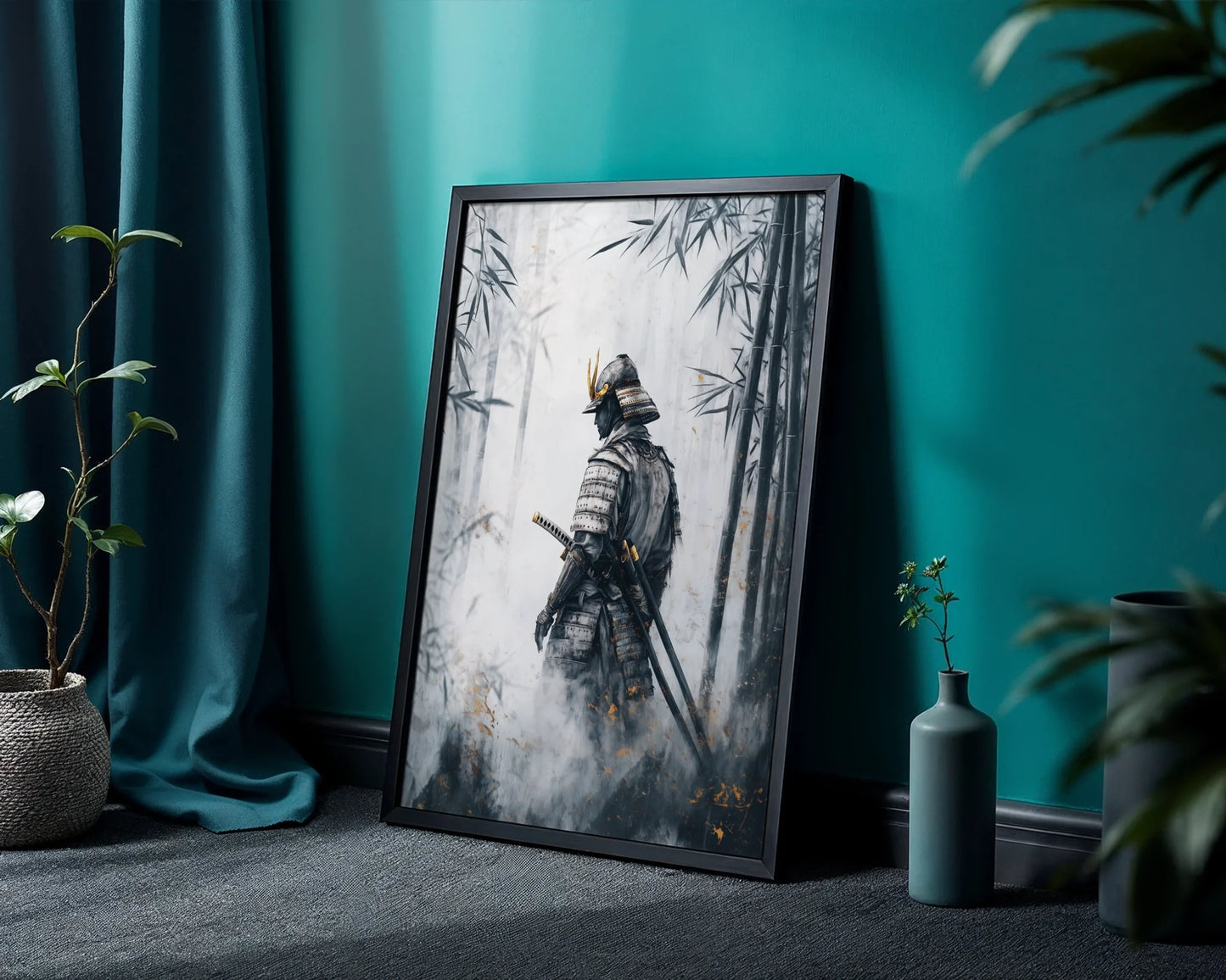 Samurai Warrior Bamboo Forest Japandi Mist Canvas Wall Art — Clean Scandinavian room displaying traditional Japanese swordsman figure between vertical forest elements