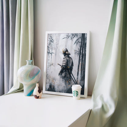 Samurai Warrior Bamboo Forest Japandi Mist Canvas Wall Art — Understated wall decor showcasing ancient blade wielder emerging from dense bamboo thicket in soft tones