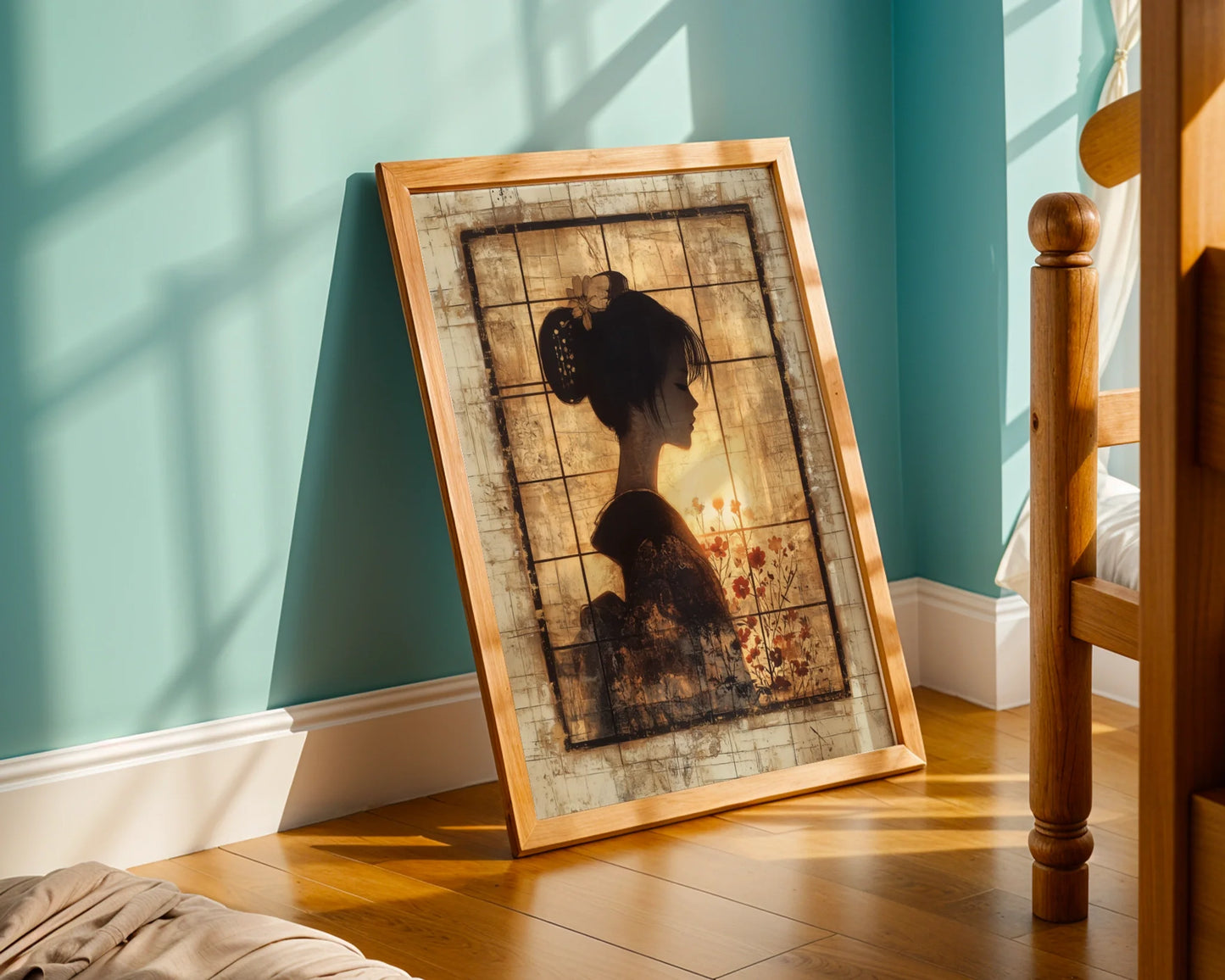 Japanese Geisha Profile Art Shoji Screen Canvas Wall Art — Zen-inspired artwork showcasing feminine silhouette for serene home styling