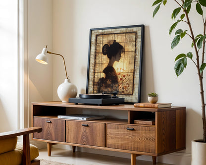 Japanese Geisha Profile Art Shoji Screen Canvas Wall Art — Peaceful canvas displaying traditional screen elements for mindful living decor