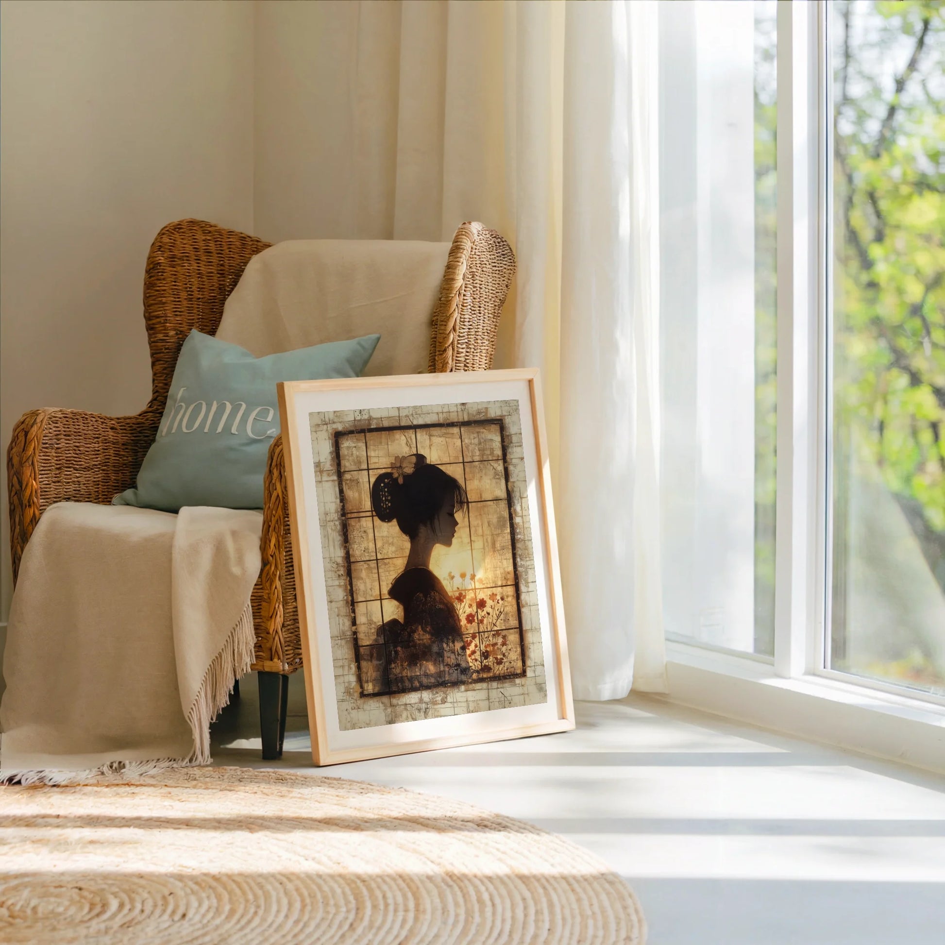 Japanese Geisha Profile Art Shoji Screen Canvas Wall Art — Eastern-inspired canvas with shadowed profile for sophisticated home aesthetics