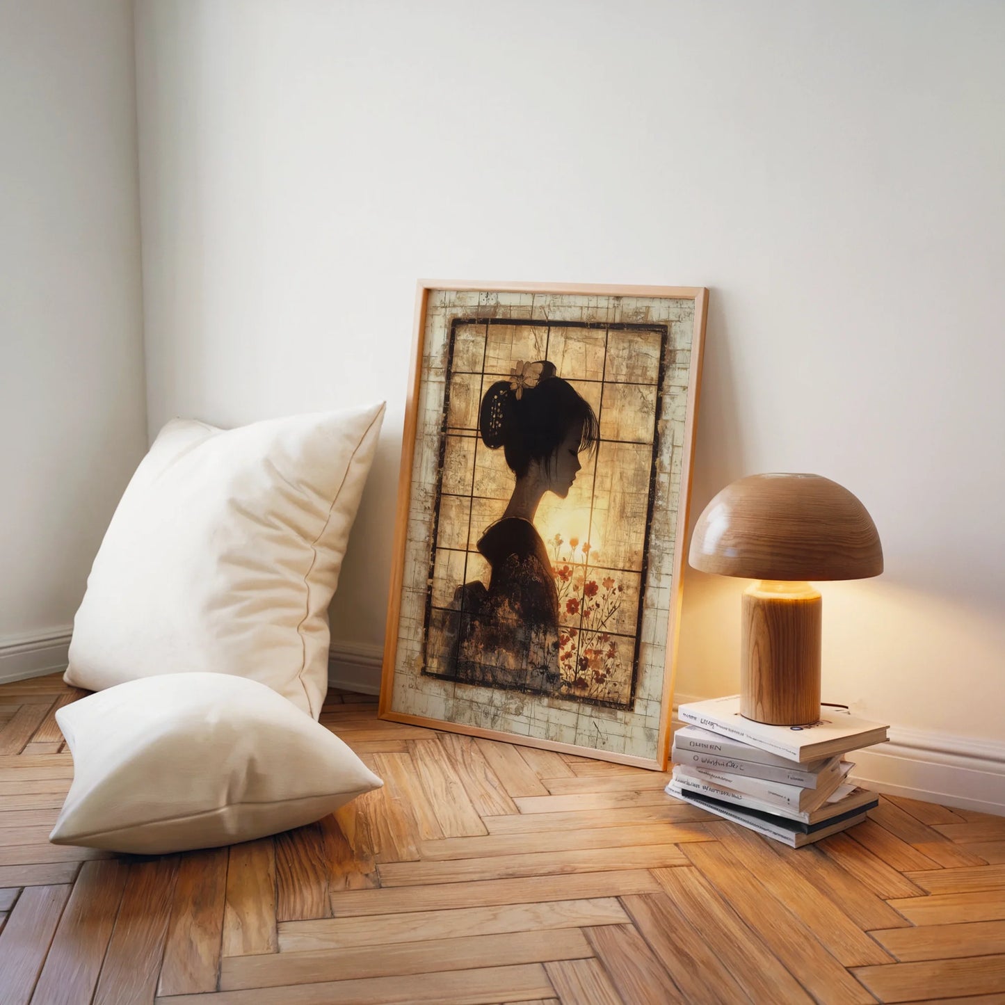 Japanese Geisha Profile Art Shoji Screen Canvas Wall Art — Amber-toned canvas with weathered textures creating vintage atmosphere in styled room
