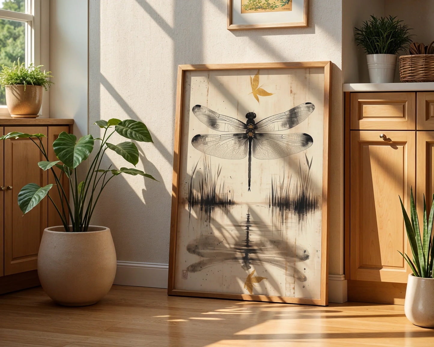 Dragonfly Water Reflection Japandi Canvas Wall Art Golden Pond — Contemporary living room features ethereal insect hovering over tranquil pond in Japanese-inspired canvas