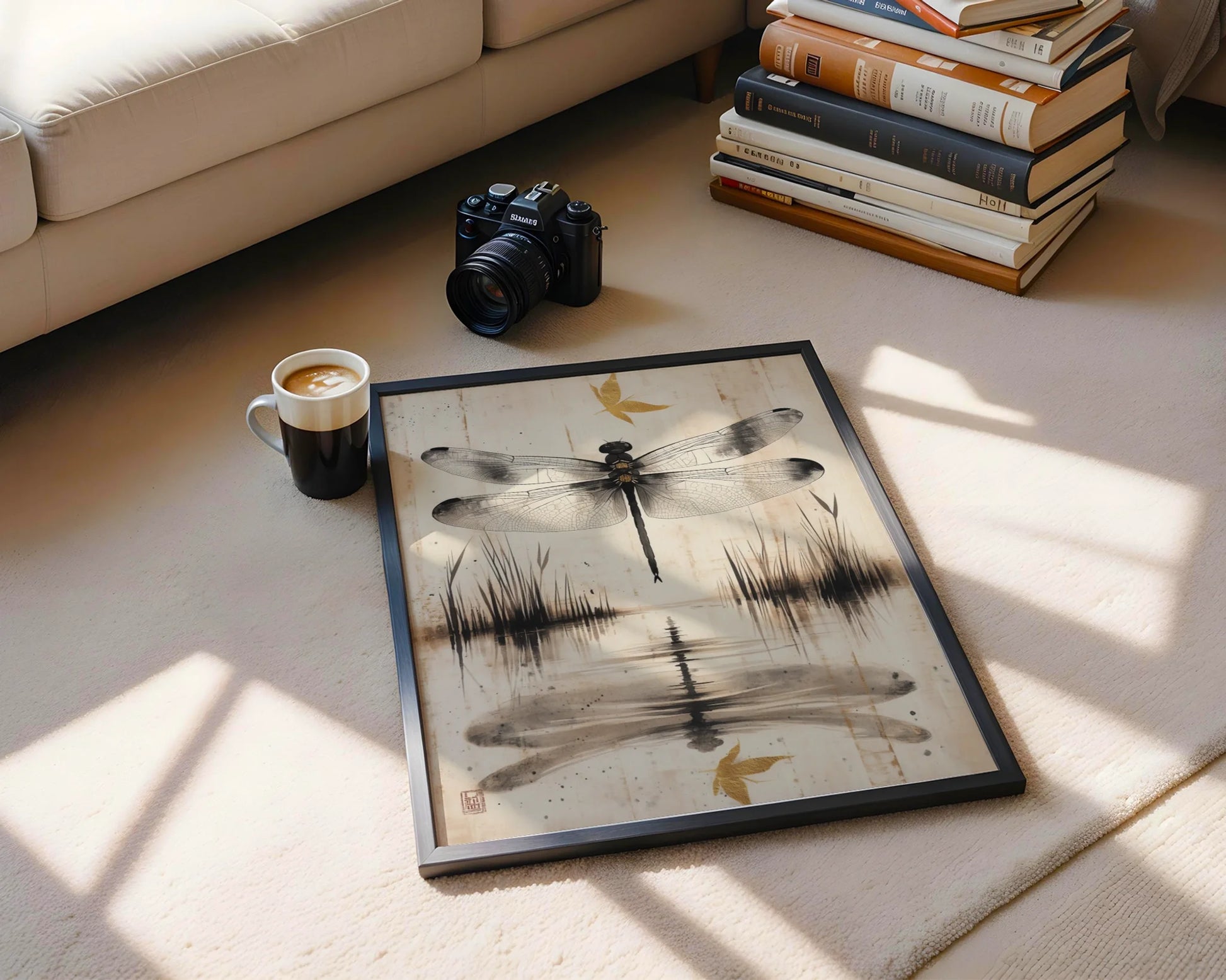 Dragonfly Water Reflection Japandi Golden Pond in room