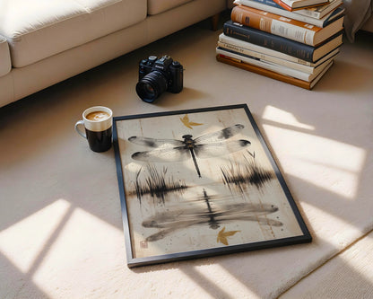 Dragonfly Water Reflection Japandi Golden Pond in room