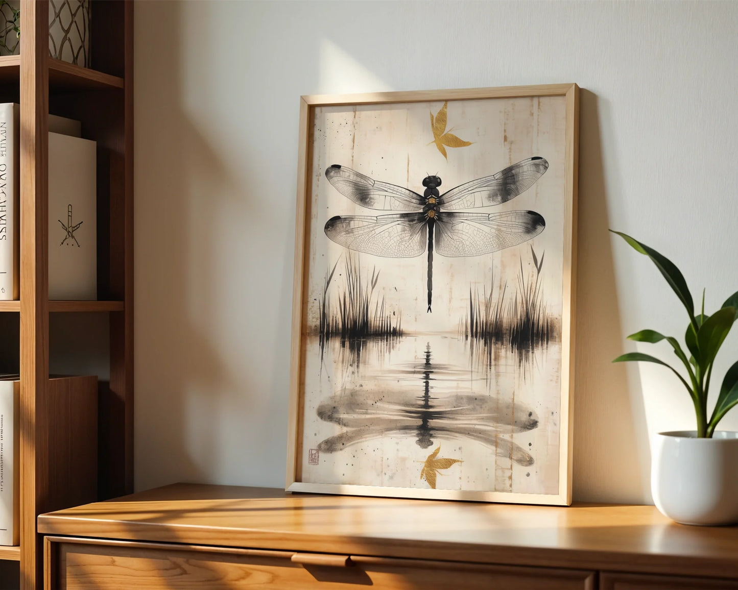 Dragonfly Water Reflection Japandi Golden Pond in room