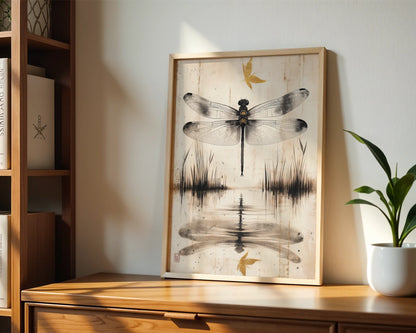 Dragonfly Water Reflection Japandi Golden Pond in room