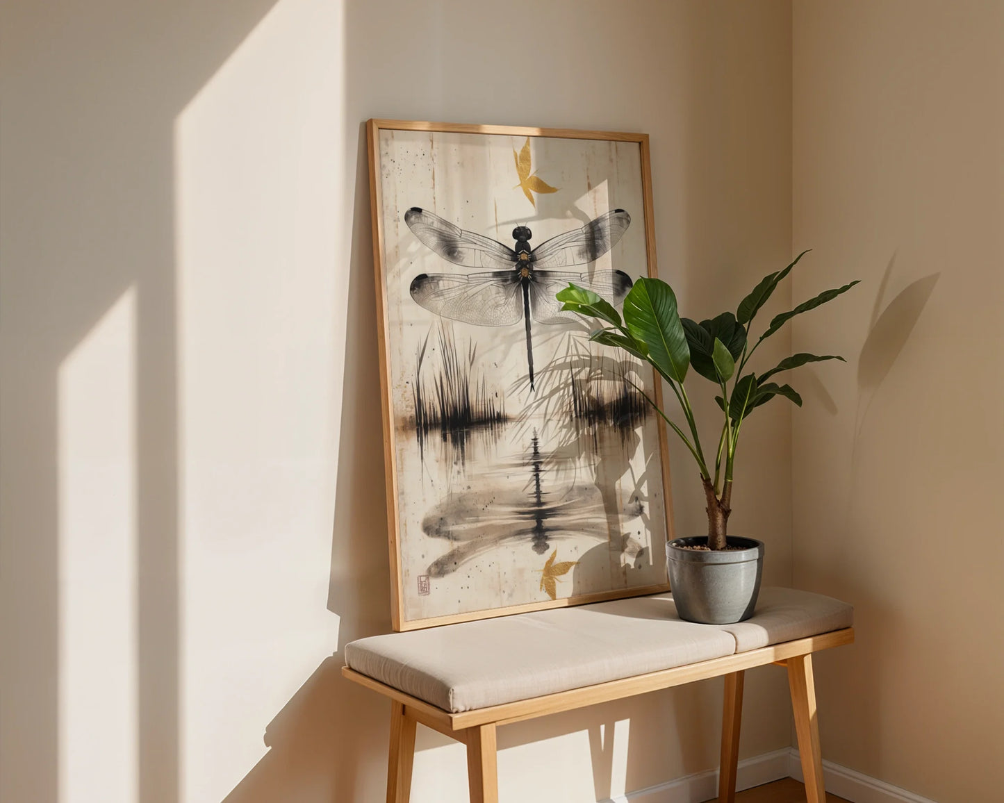 Dragonfly Water Reflection Japandi Canvas Wall Art Golden Pond — Clean-lined interior highlights organic insect silhouette against muted earth tones in Asian decor