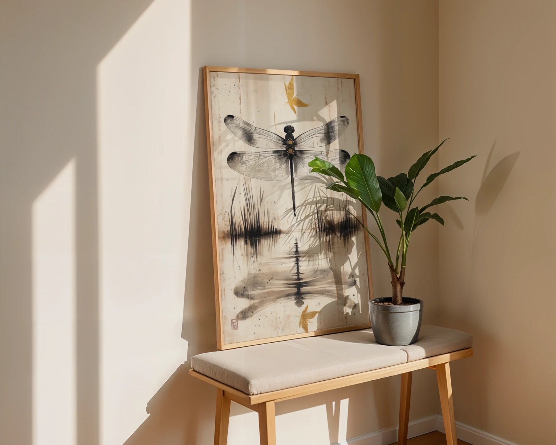 Dragonfly Water Reflection Japandi Canvas Wall Art Golden Pond — Clean-lined interior highlights organic insect silhouette against muted earth tones in Asian decor