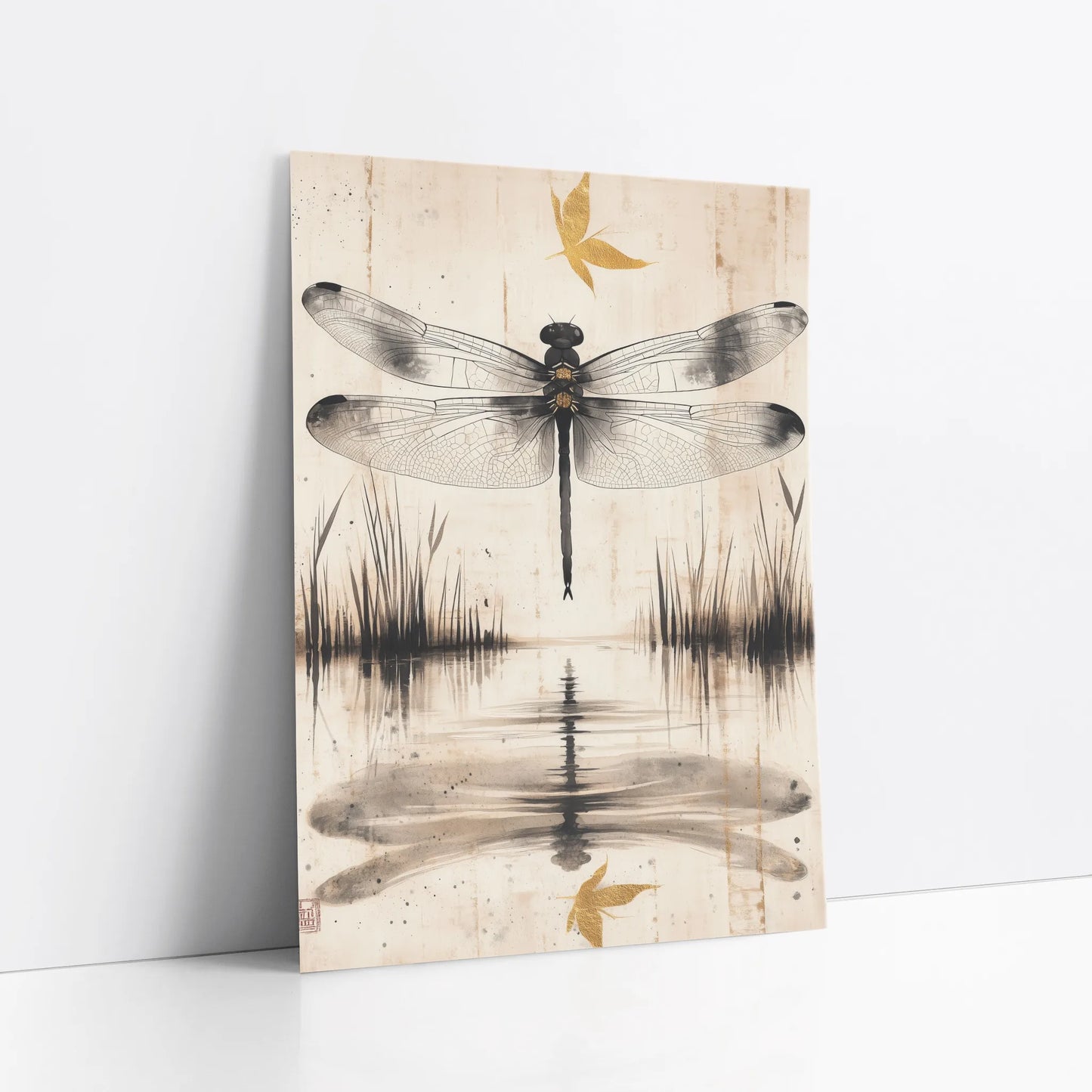 Dragonfly Water Reflection Japandi Golden Pond art print