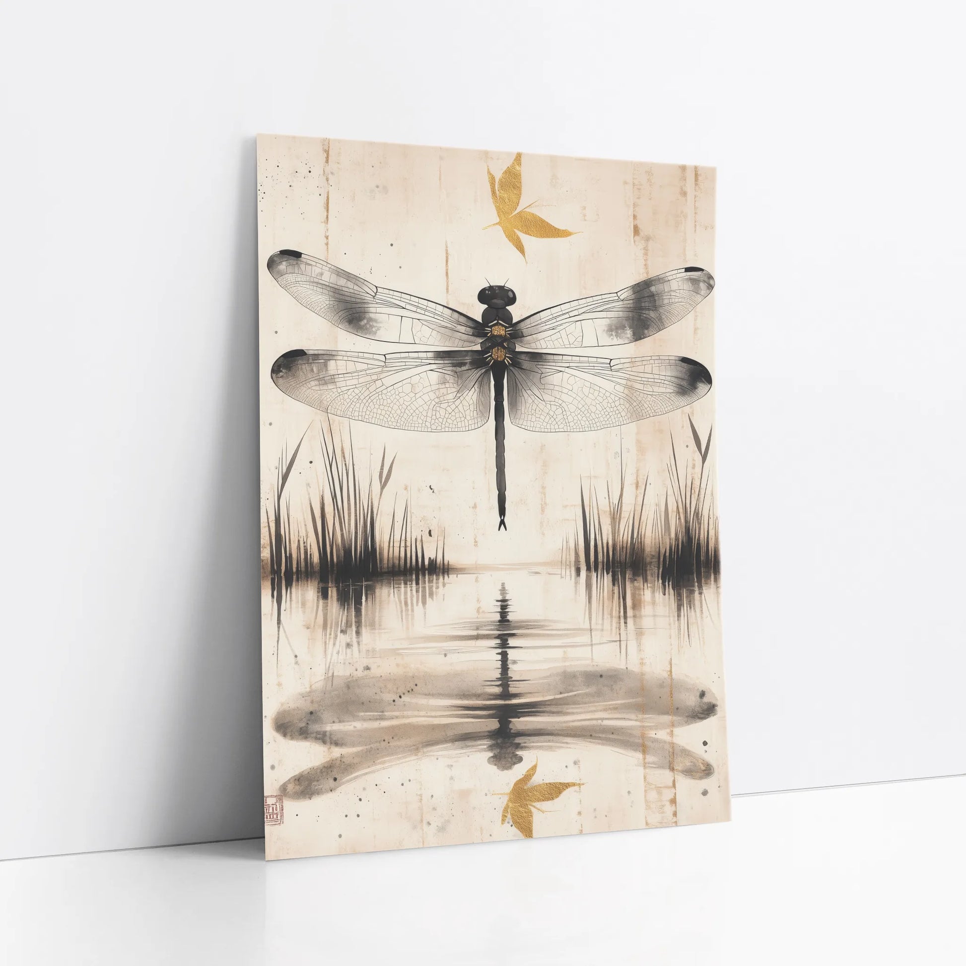 Dragonfly Water Reflection Japandi Golden Pond art print