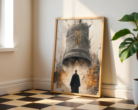Buddhist Temple Bell Monk Japandi Canvas Wall Art Print — Minimalist canvas showcasing lone figure beneath sacred bell for contemporary interior design